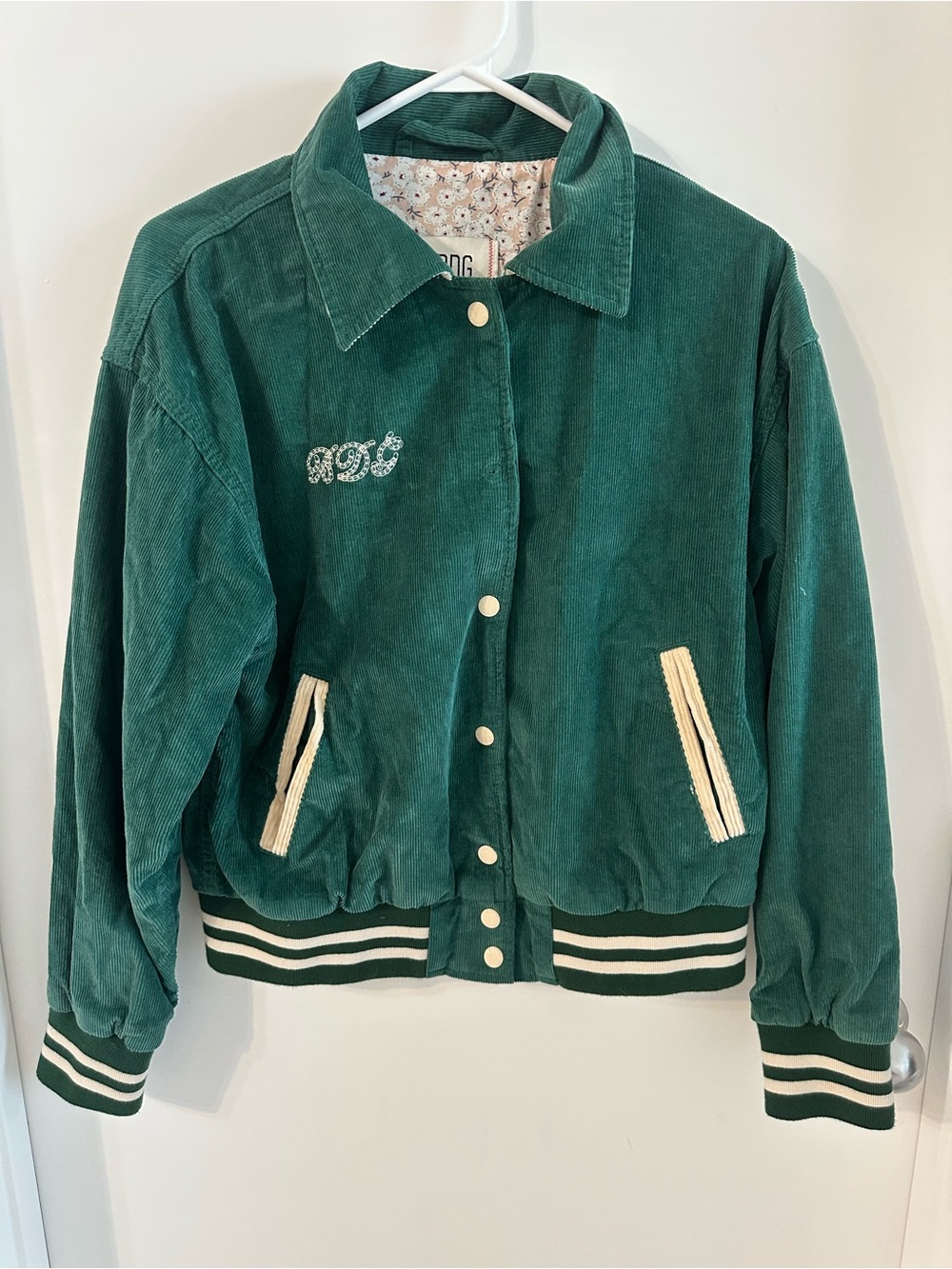 BDG Green Corduroy Varsity Jacket with Cream Trim